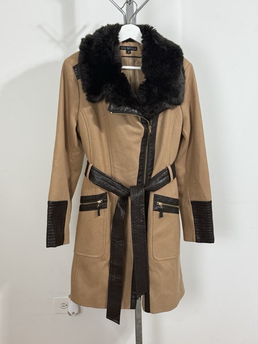 Via Spiga Women’s Brown Faux Fur Shaggy Collar Belted Asymmetrical Zip Coat 12